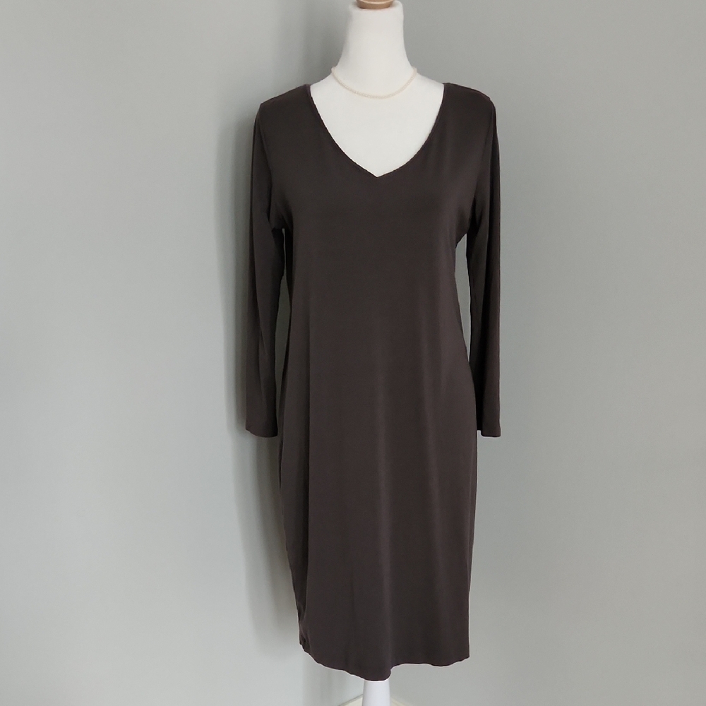 Eileen Fisher Long Sleeve V-Neck Dress in Clay Gray - Picture 2 of 8